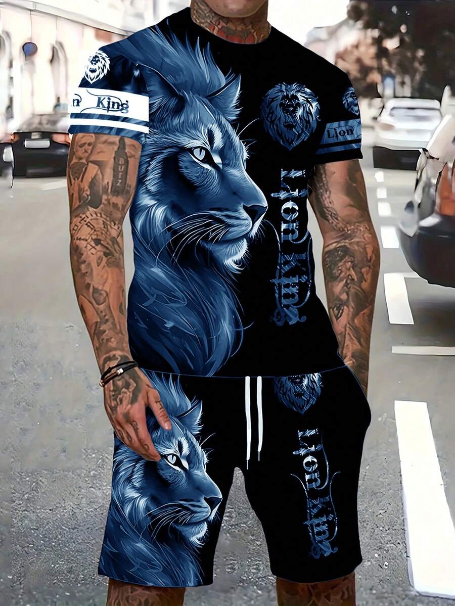 Manfinity Roughcore 男士字母獅子圖案短袖T恤與短褲休閒日常穿搭套裝 - 彩色 - 查看 1
