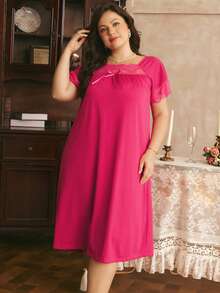 Côtesoire Comfortable Knitted Ribbed Casual Home Lace Patchwork Minimalist Long Loose Plus Size Nightgown - Hot Pink - View 5