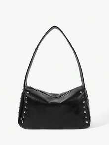 Viva Strut Women's Fashionable Personalized Simple Versatile Street Style Rivet Decoration Shoulder Bag, Hobo Bag, Retro Black Faux Leather, Daily Shopping - Black - View 3