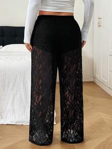 SHEIN EZwear 大尺碼女款彈性腰蕾絲寬腿鬆身長褲萬聖節 - 黑色 - 查看 2