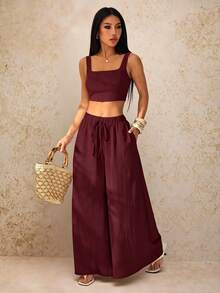 SHEIN PETITE New Spring/Summer Vacation Casual Fishbone Strap Top And Wide Leg Long Pants With Pockets 2 Pieces Set Textured Fabric Outfit - B - Burgundy - View 1