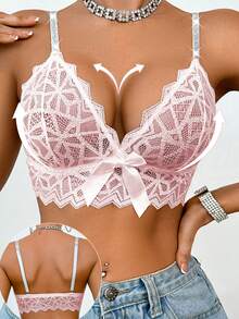 SHEIN 1pc Women's Lace Wireless Bra - Pink - View 6
