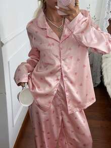 CottageSlumber Women's Faux Silk Heart Print Open Front Lapel Long Sleeve Pants Pajama Set - Pink - View 7