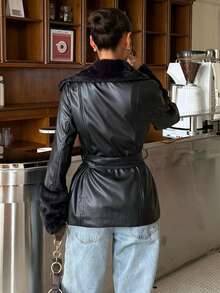 Muchica Solid Color Long Sleeve Casual PU Patchwork Waisted Jacket With Drawstring In Fall/Winter Black - Black - View 2