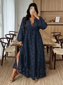 Weeklong Plus Size Women Jacquard Sheer Lace Trim Casual Long Dress, Suitable For Everyday Wear, Autumn/Winter Fall - Navy Blue - View 6