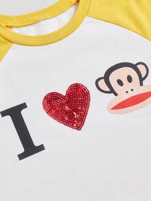 Paul Frank X ROMWE 亞文化女孩休閒聯名「I Love」印花插肩袖修身女款T恤 - 黃色 - 查看 4