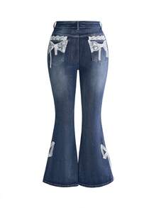 ROMWE Kawaii Celana Jeans Wanita Model Flare dengan Hiasan Pita dan Renda Vintage, Ukuran Plus - Biru - View 1