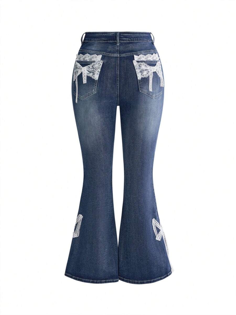 ROMWE Kawaii Celana Jeans Wanita Model Flare dengan Hiasan Pita dan Renda Vintage, Ukuran Plus - Biru - View 1