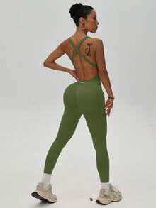 Slayform Slayform Women's Solid Color Backless Halter Neck Slim Fit Sexy Jumpsuit - Olive Green - View 6