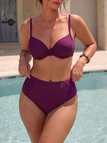 Shapewave Bộ bikini định hình màu trơn size lớn cho nữ, đi biển nghỉ hè - Màu Hồng Tươi - Xem 7