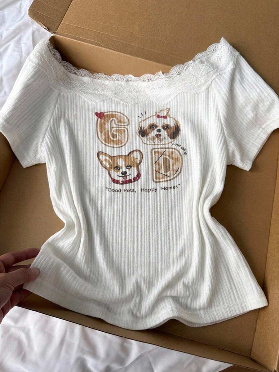 Dazy Plus Plus Size Cartoon Animal Print Asymmetric Neckline Contrast Lace Fitted Short Sleeve White T-Shirt, Spring Summer Early Autumn Graphic Tees - White - View 1