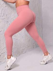 Gameset SHEIN Sport Plus-Size High-Elasticity Tummy Control Leggings, Wide-Waisted Yoga Pants For Women. - Pink - View 3