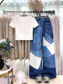 SHEIN Sparklyn 青少年女孩 T-shirt 與長褲 2 件套，休閒寬鬆針織，返校季復古秋季服飾，Y2K 女孩套裝，白色上衣寬腿褲 - 彩色 - 查看 2