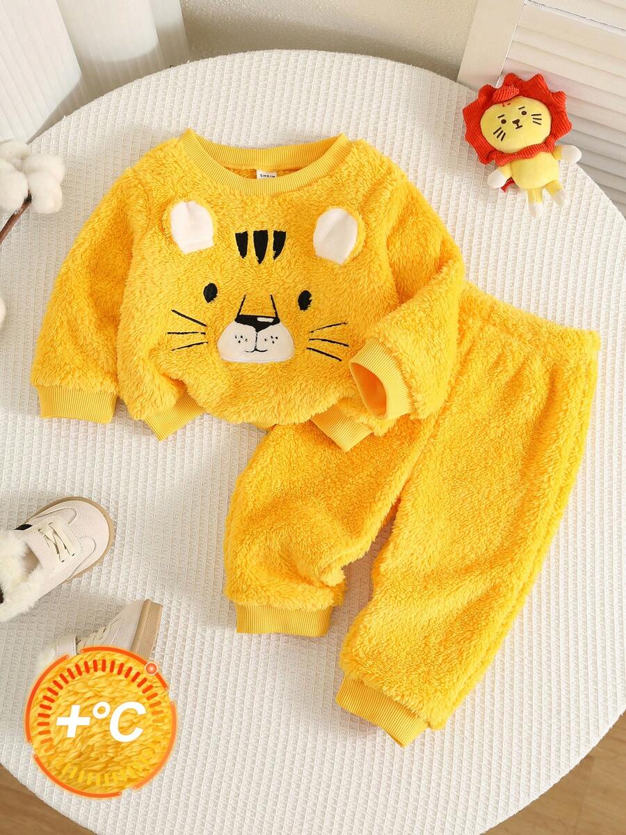 SHEIN 中性嬰兒男孩/女孩幼兒 2件組秋冬加厚抓絨內裡休閒可愛毛絨虎紋運動衫套裝,嬰兒運動服,嬰兒冬季衣物,萬聖節 - 藍色 - 查看 1