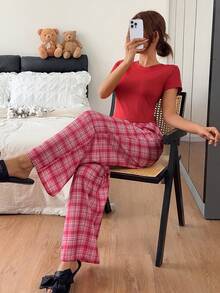 Napfluff 休閒居家服 格紋針織短袖女款睡褲套裝 - 紅木色 - 查看 4