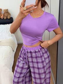 Napfluff 休閒居家服 格紋針織女款短袖睡衣長褲套裝 - 紫色 - 查看 6