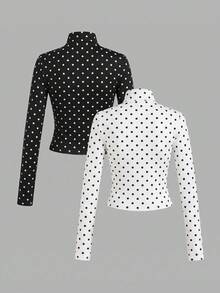 SHEIN EZwear 2件裝波點黑白針織拉鍊長袖女款T恤，秋季上衣，適合日常通勤、約會、聚會，適用秋冬夏季、聖誕節、新年、時尚優雅休閒、外出、約會、通勤、亮眼、情人節、度假、Y2K、畢業典禮等場合 - 彩色 - 查看 2