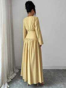 SHEIN Clasi Women's Fall Casual Modest Elegant Cinched Waist Pleated Design Solid Color Long Sleeve Cotton Blend Dress For Dating Tea Party Everyday Brunch Outing - Mustard Yellow - View 3