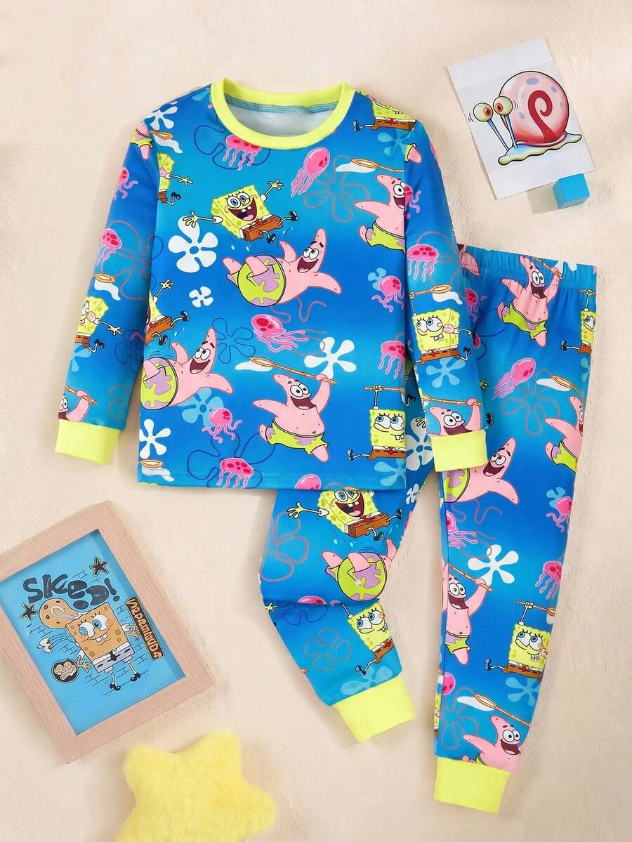 SpongeBob SquarePants | SHEIN 2件套男童海洋图案圆领长袖上衣和裤子针织舒适休闲弹力睡衣套装 - 藍色 - 查看 1