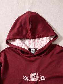 青少年女孩休閒時尚可愛粉色花卉刺繡套頭運動衫 - 酒紅色 - 查看 4