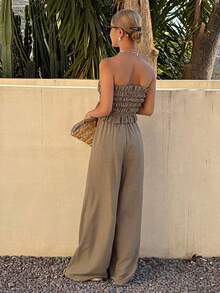 DAZY Women's Solid Color Ruched Bandeau Top And Long Pants Casual Tropical Daily 2 Pieces Set Summer Vacation Khaki - Brown - View 6