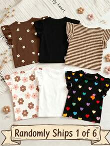 Souflis Souflis 1 Pc Random, , Bohemian Floral, Brown Striped, 3D Bow Pattern, Young Girl Casual Simple Versatile Round Neck Cap Sleeve T-Shirt, Suitable For Spring/Summer Daily Wear, Travel, Vacation - Multicolor - View 2