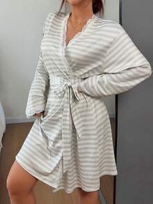 Napfluff Striped Women's Lace Patchwork Nightgown Robe - Multicolor - View 4