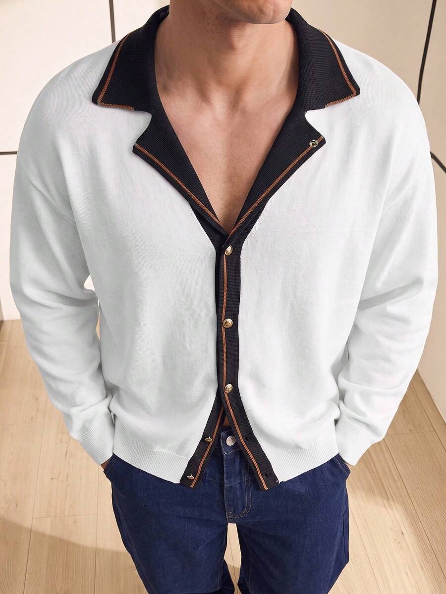 Chillumni Men's Casual Colorblock Trim Cardigan, Spring/Autumn - Multicolor - View 1