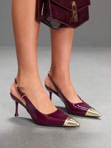 CUCCOO SZL Burgundy Patent Leather Metal Pointed Buckle Slingback Kitten Heel Shoes, Commuter Workplace Model - Burgundy - View 4