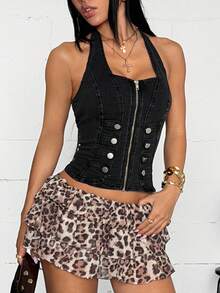Jeanoix Y2K Streetwear Y2k Sexy Fashion Light Gothic Style Button-Up Halter Neck Washed Denim Slim Fit Top Club Dark Wash Summer - Black - View 6