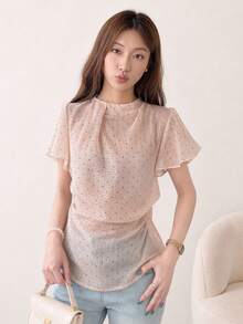 Tideelle Women's Polka Dot Print Stand Collar Ruffle Short Sleeve Top - Apricot - View 1
