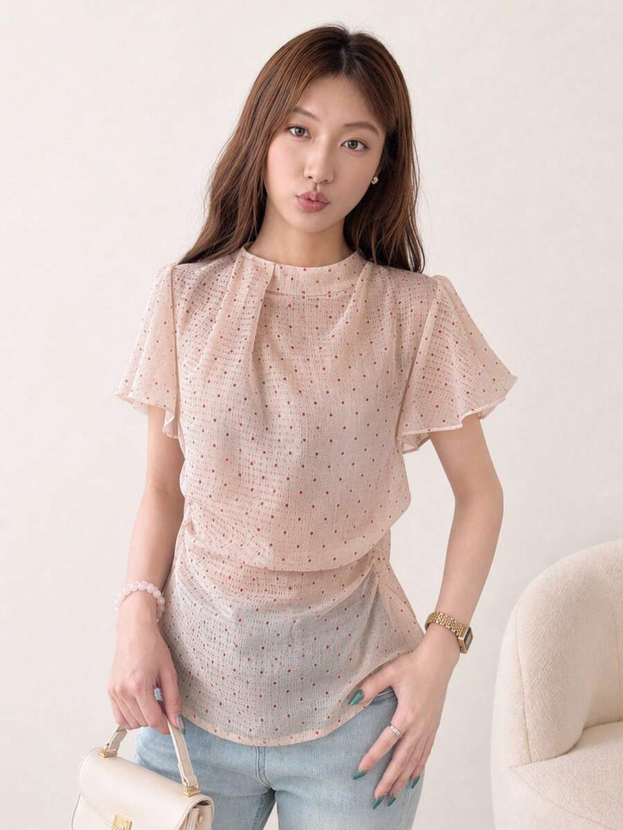 Tideelle Women's Polka Dot Print Stand Collar Ruffle Short Sleeve Top - Apricot - View 1