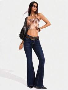 SHEIN Tall 女款休閒水洗喇叭牛仔褲 - 深色水洗藍 - 查看 3