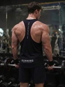 GymBeat 男友風男士字母圖案露背運動背心，健身背心組，健身房上衣，透氣輕量黑色 - 黑色 - 查看 2