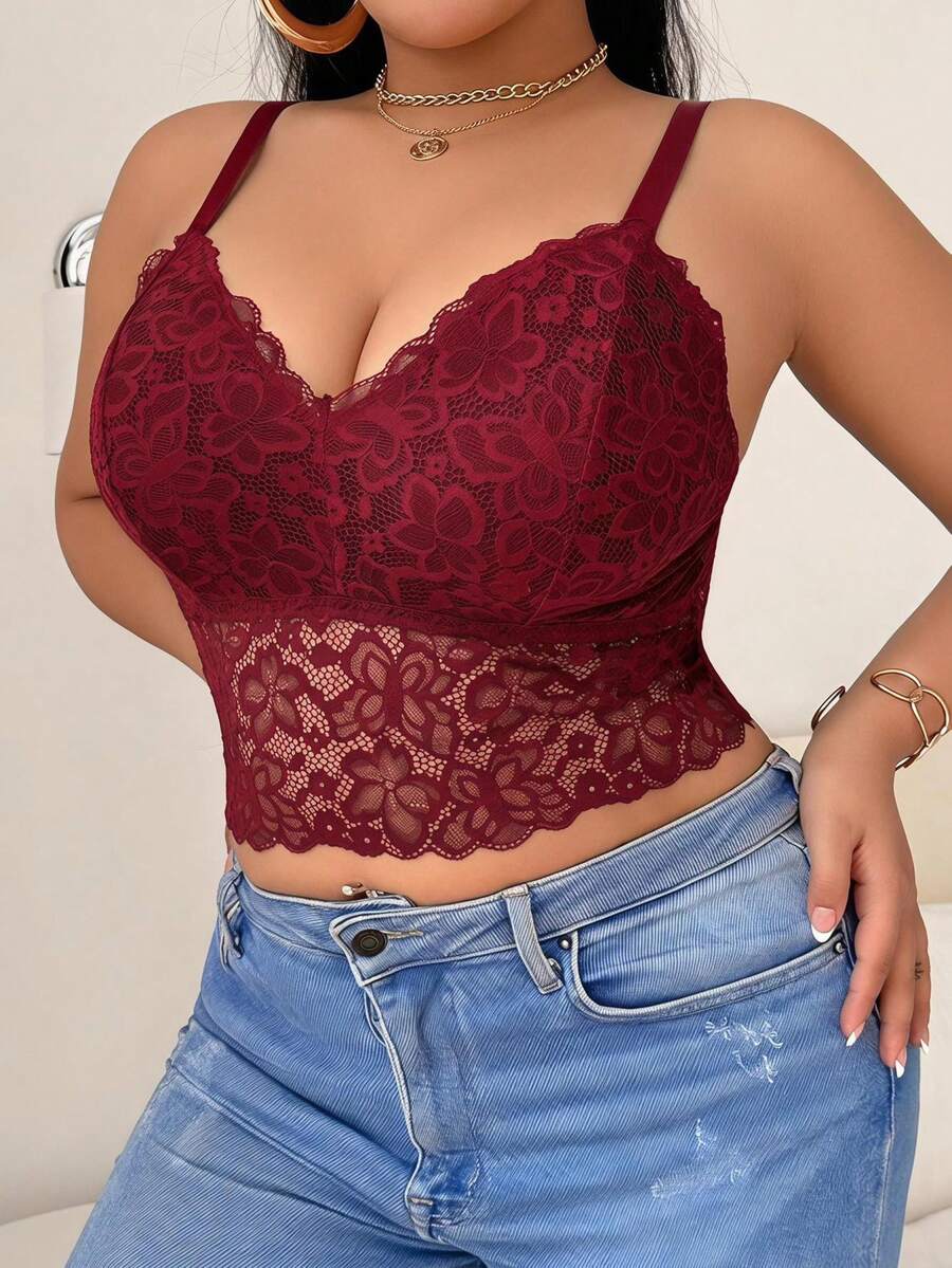 SHEIN 無線無墊性感大尺碼蕾絲內衣 - 紅色 - 查看 1