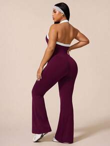 SHEIN Rhythm Era Women's Plus Size Sports Yoga Outdoor Gym One-Piece Jumpsuit Strapless Camisole Spaghetti Strap Contrast Color Straps Spaghetti Strap Style Leggings Flare Pants Tight Fit - Red Violet - View 3