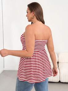 Shapeblank Plus Size Women's Striped Colorblock Ruched Casual Daily Tube Top - Red - View 3