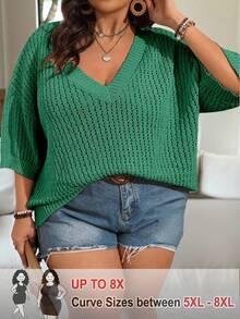 SHEIN CURVE+ Plus Size Solid Color V-Neck Hollow Out Short Sleeve Loose Casual Pullover Sweater For Women, Suitable For Spring Summer Formal Holiday Green - Green - View 1