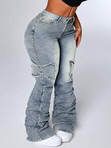 Flirla Plus Size Color Block Patch Pocket Slim Flare Leg Jeans - Blue - View 5