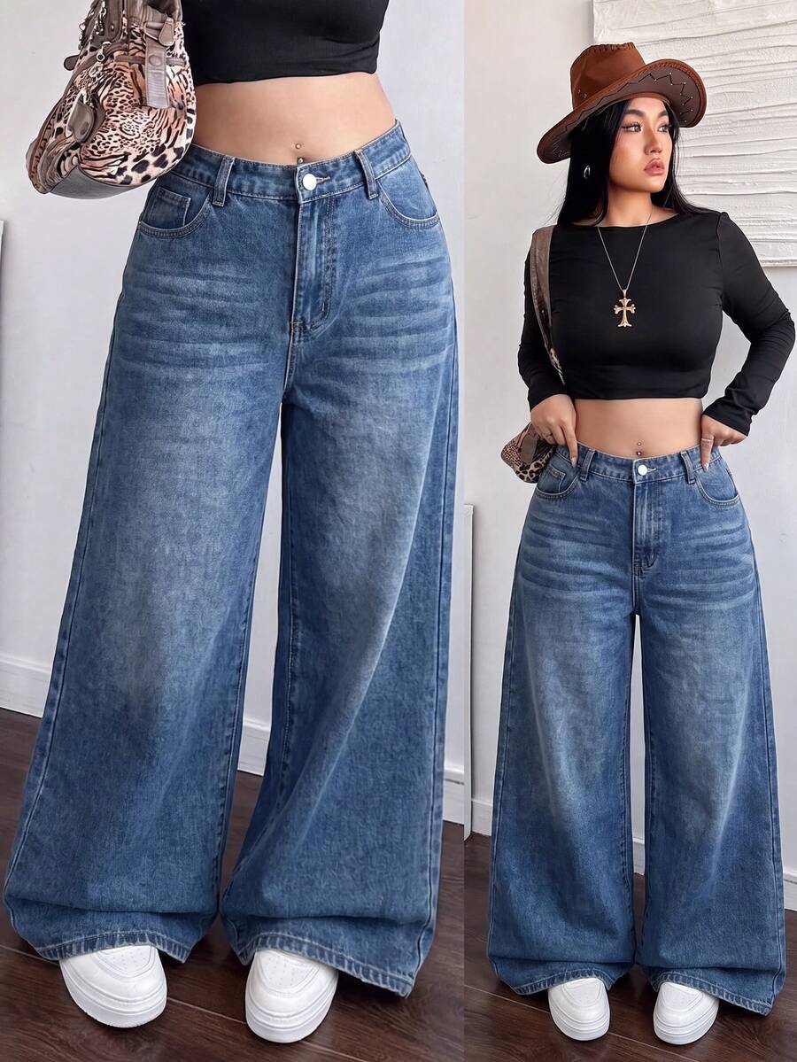 Dripcurv Celana Jeans Denim Kasual Longgar Kaki Lebar dengan Saku untuk Wanita Ukuran Plus