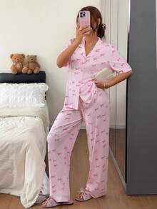 Napfluff Women's Bow Print Button-Down Lapel Shirt Style Short Sleeve Pajama Set - Pink - View 5
