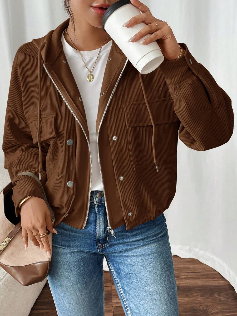 SHEIN Frenchy 女款拼接 2 合 1 燈芯絨連帽夾克 - 巧克力棕 - 查看 1