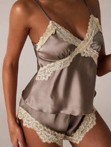 SHEIN BAE Women's Contrast Color Lace Patchwork Camisole & Shorts Pajama Set - Brown - View 7