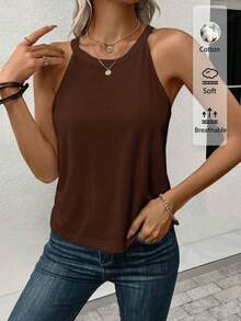 SHEIN LUNE 2件組 34%棉 女款休閒戶外舒適細肩帶背心上衣，適合春夏穿著，可愛棕色與黑色上衣，黑色與棕色無袖背心，棕色與黑色細肩帶背心 - 彩色 - 查看 2