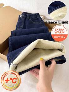 SHEIN Tween Girl Tween Girl Girls' Big Tween Girl Autumn/Winter Deep Blue Denim Fleece Lined Loose Fit Long Pants - Blue - View 1