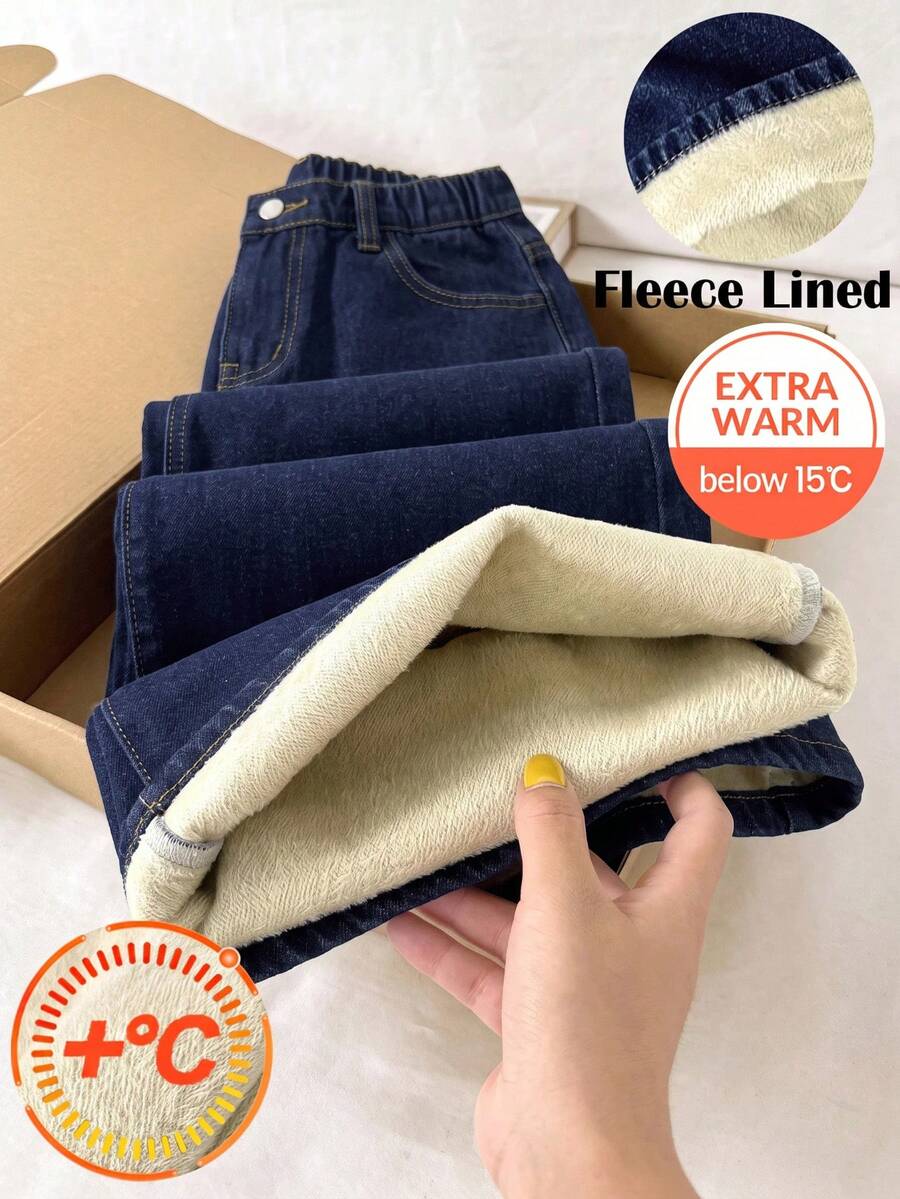 SHEIN Tween Girl Tween Girl Girls' Big Tween Girl Autumn/Winter Deep Blue Denim Fleece Lined Loose Fit Long Pants - Blue - View 1