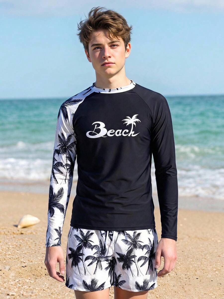 SHEIN 13-16岁青少年男孩长袖冲浪泳衣套装，沙滩椰树印花泳装，适合夏季学生海滩度假，酷炫男童泳装