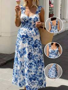 SHEIN Maternity Floral Print A-Line Dress With Wide Strap, Shirred Bust And Frill Trim Business Casual Elegant Outfit Daily Commute - Blue and White - View 14