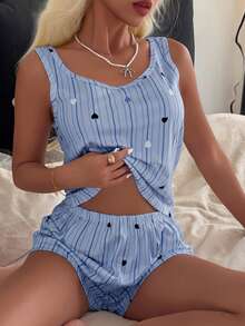 SHEIN Casual Underwear&Sleepwear 女款休閒可愛針織背心短褲條紋愛心印花睡衣套裝 淺藍色 夏季 - 彩色 - 查看 3