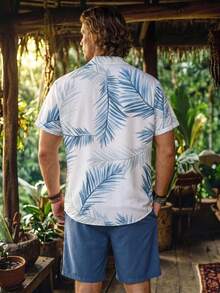 Genlund Plus Size Men's Tropical Plant Print Short Sleeve Shirt And Shorts Beach Outfit, Holiday - Blue - View 2